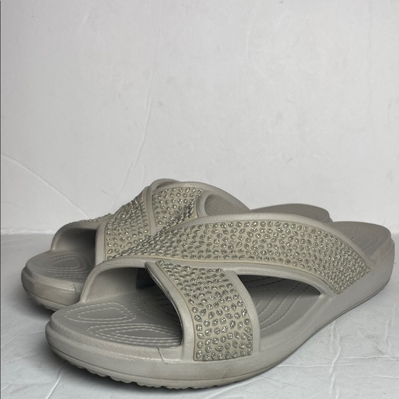 CROCS Gray Sloane Diamante Embellished Cross Strap Wedge Slide Sandals - Picture 1 of 8